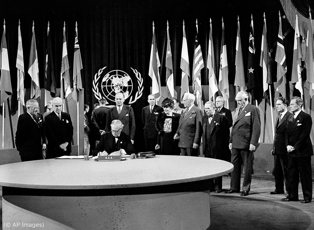 Harry S. Truman, Tom Connally, Edward Stettinius Jr., Harold Edward Stassen, Virginia Gildersleeve, Charles A. Eaton, Sol Bloom, Arthur Vandenberg